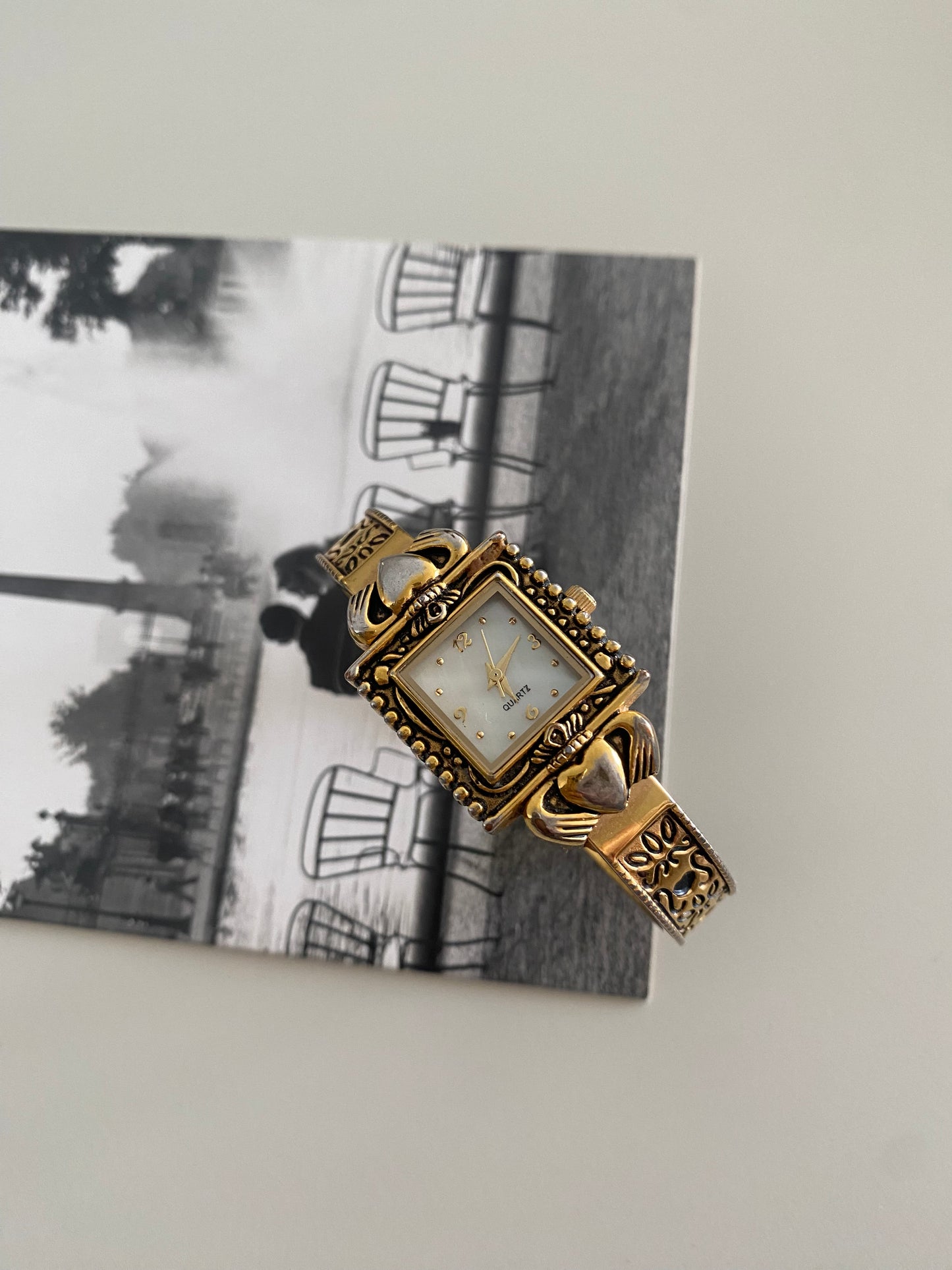 Vintage Gold Tone Claddagh Ladies cuff bracelet Watch