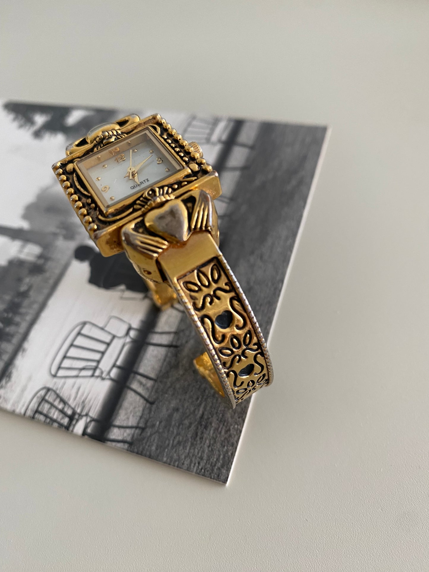 Vintage Gold Tone Claddagh Ladies cuff bracelet Watch