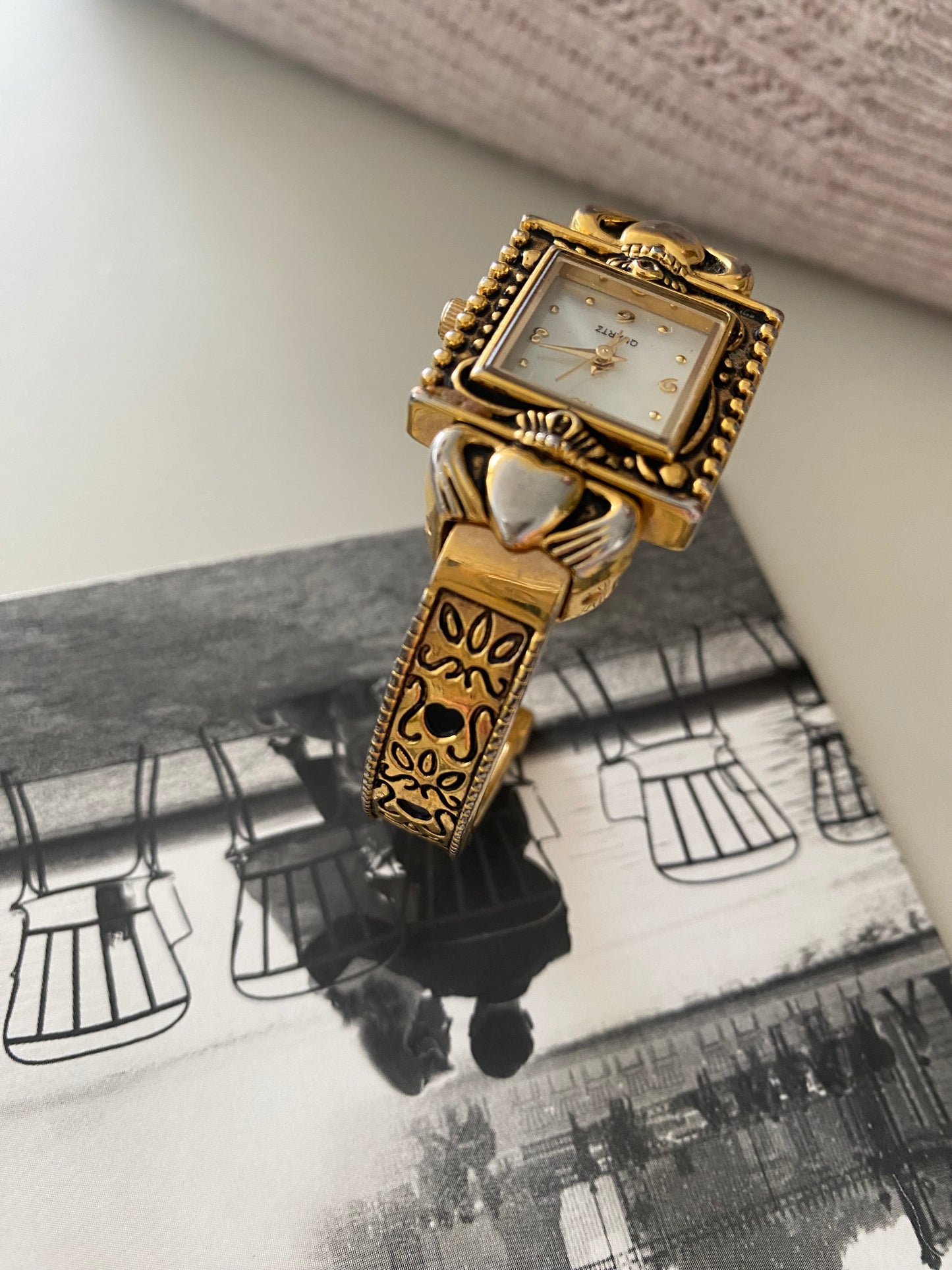Vintage Gold Tone Claddagh Ladies cuff bracelet Watch