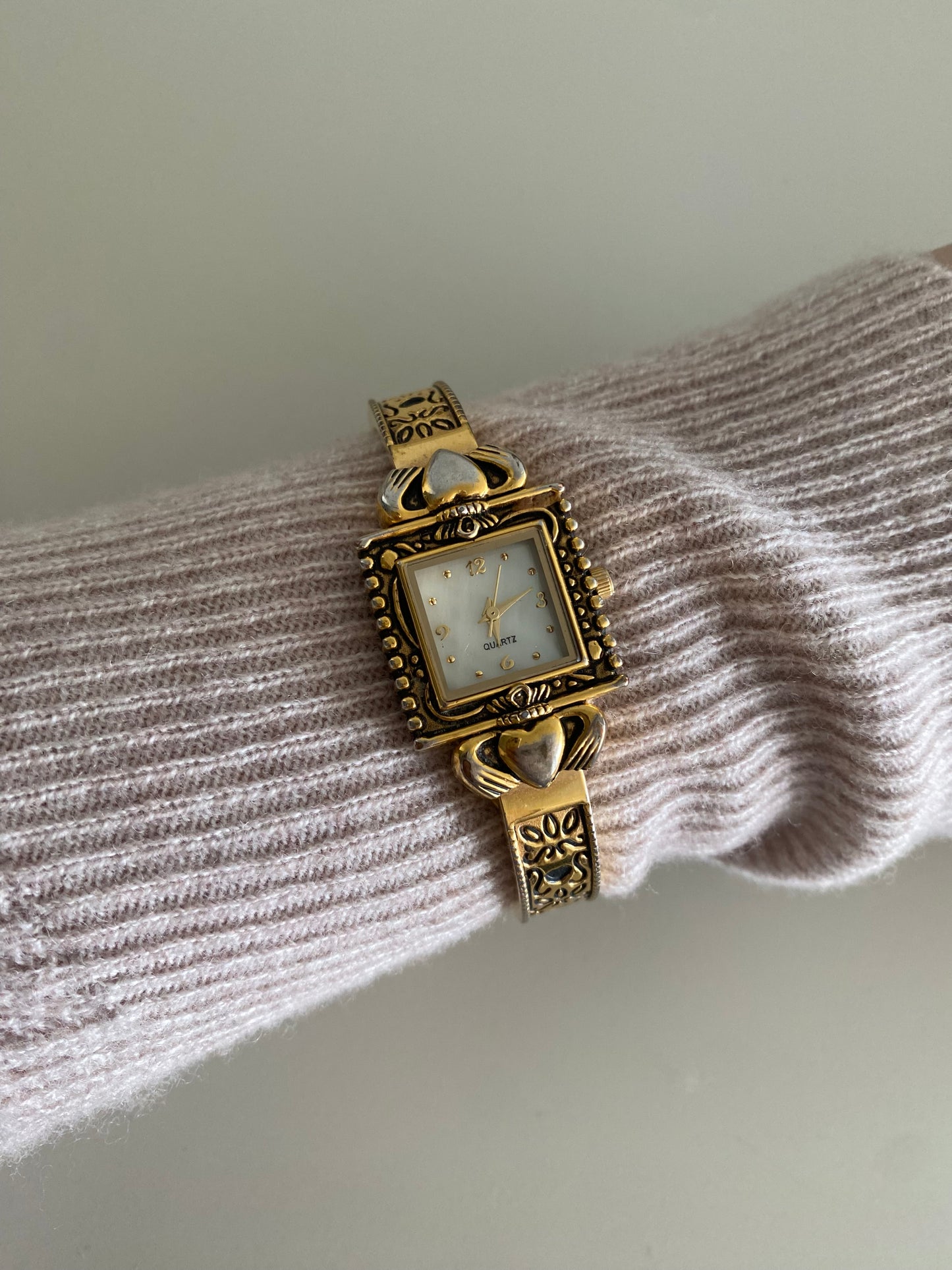 Vintage Gold Tone Claddagh Ladies cuff bracelet Watch