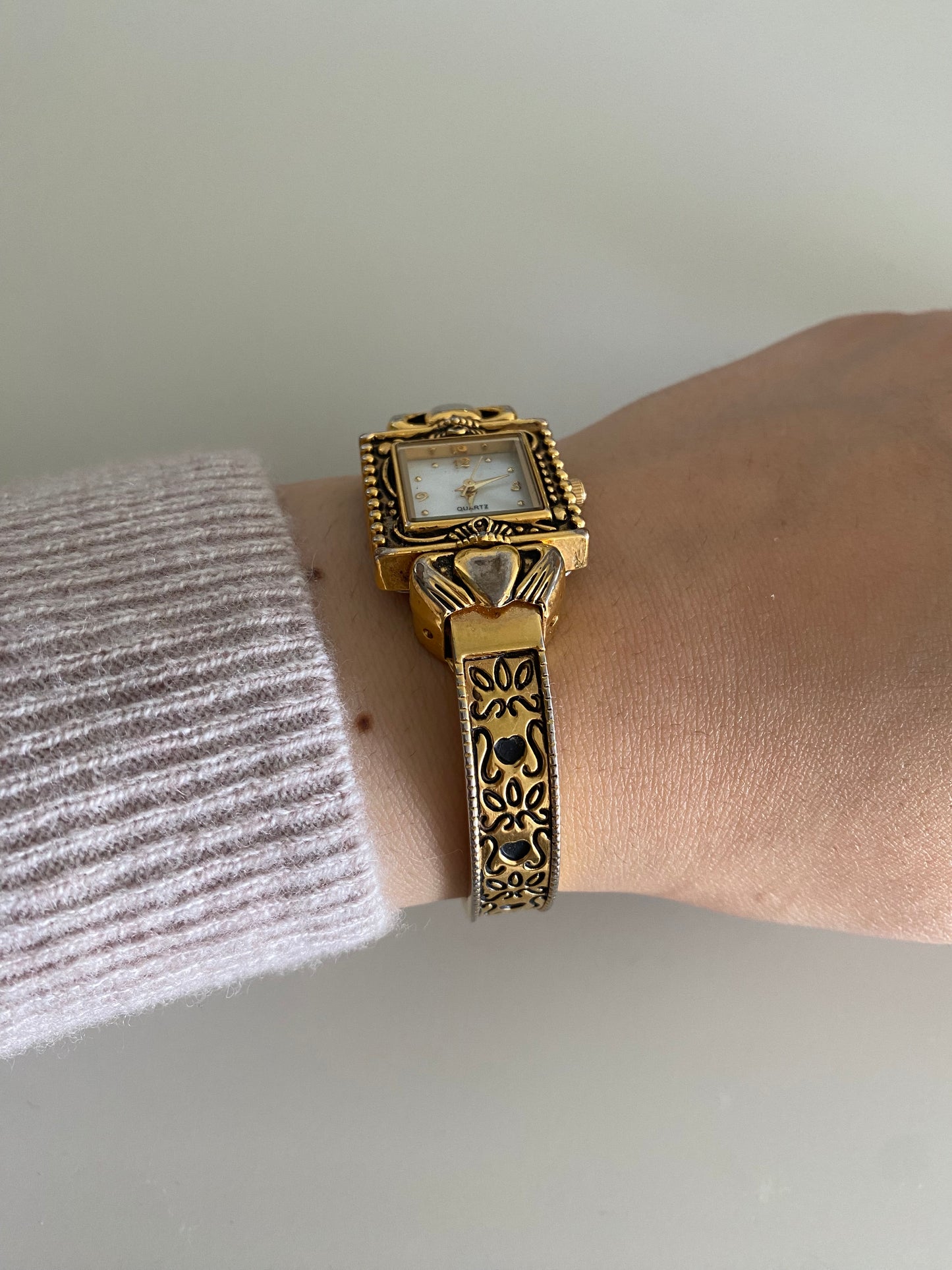 Vintage Gold Tone Claddagh Ladies cuff bracelet Watch