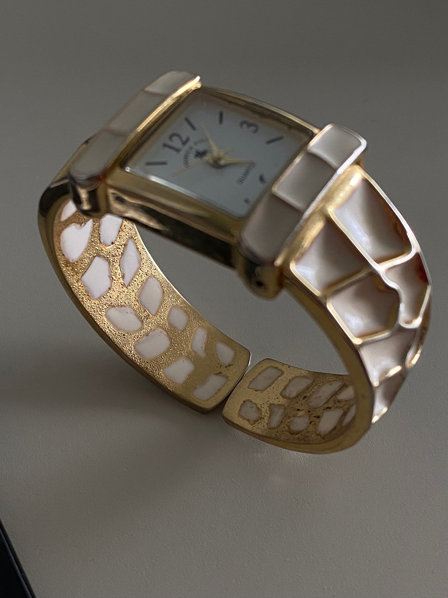 1990s Vintage Osirock Polo Bangle Style Nugget Gold Tone Ivory Enamel Watch