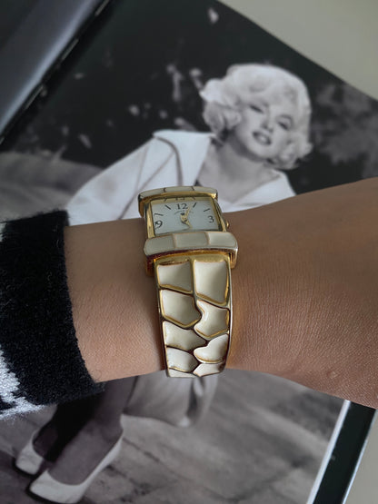 1990s Vintage Osirock Polo Bangle Style Nugget Gold Tone Ivory Enamel Watch