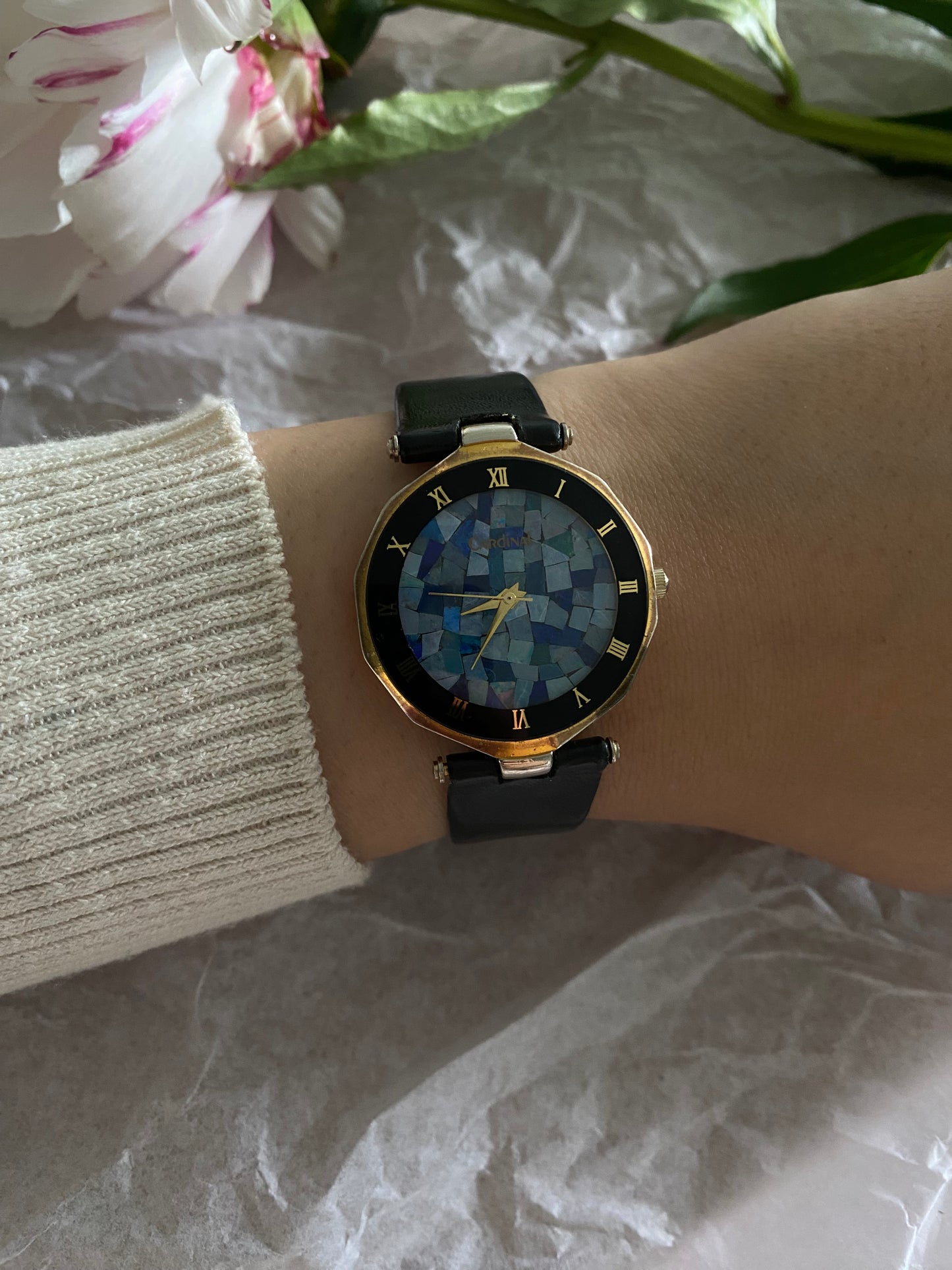 Blue Mosaic Dial & Gold tone Vintage Cardinal Watch