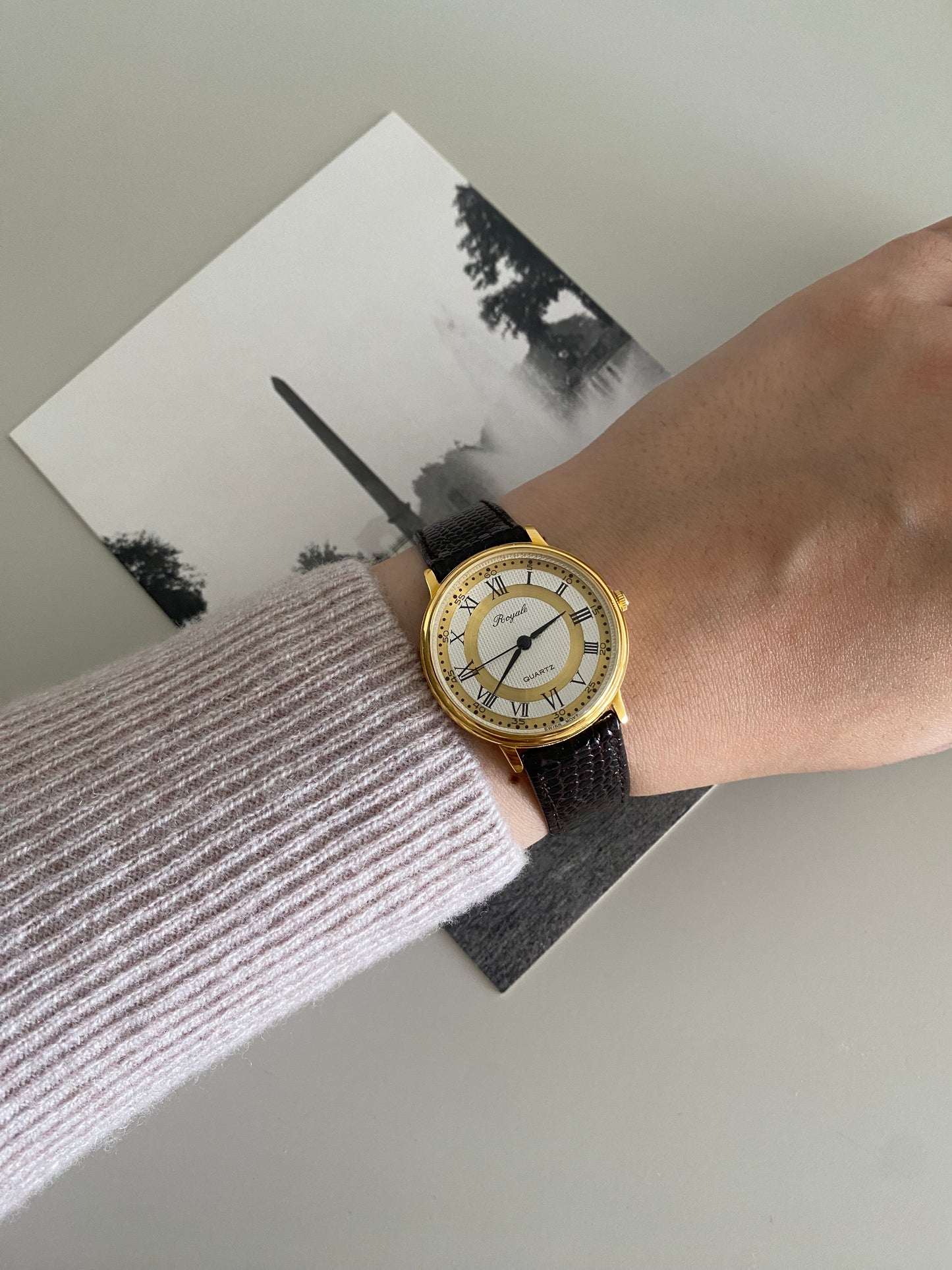 Vintage Gold tone Royale black leather watch