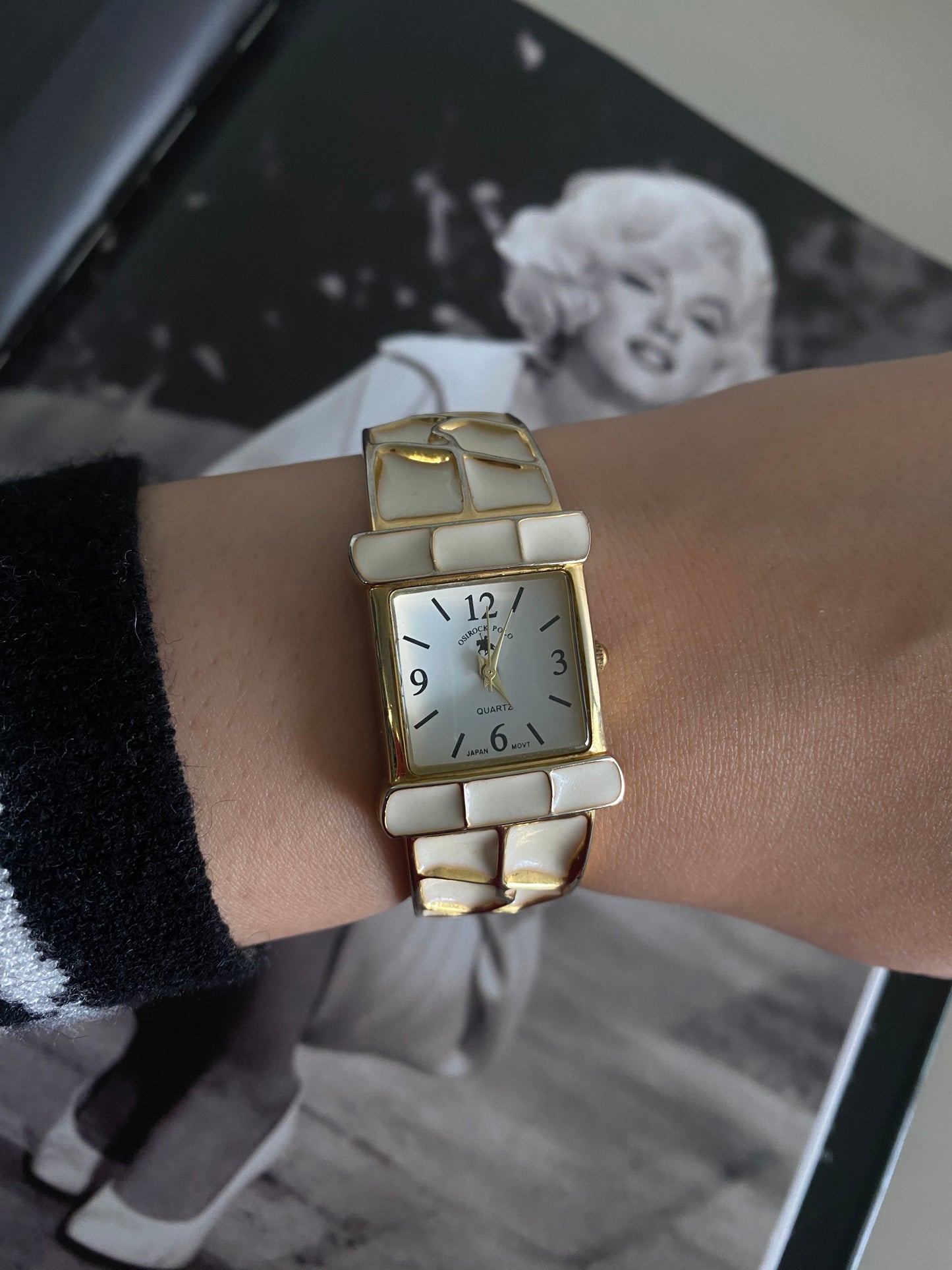 1990s Vintage Osirock Polo Bangle Style Nugget Gold Tone Ivory Enamel Watch