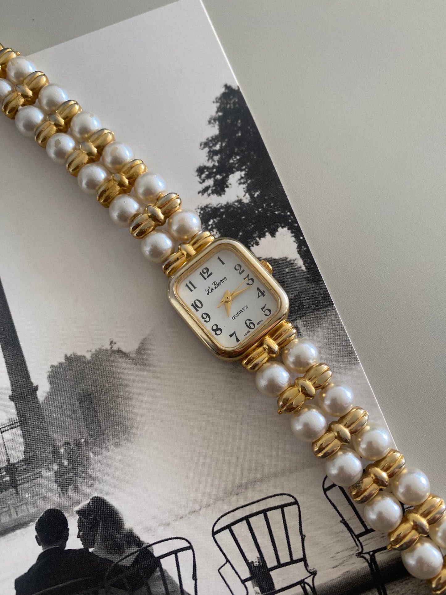 Le Baron Gold Tone Faux Pearls Watch from the 1980s