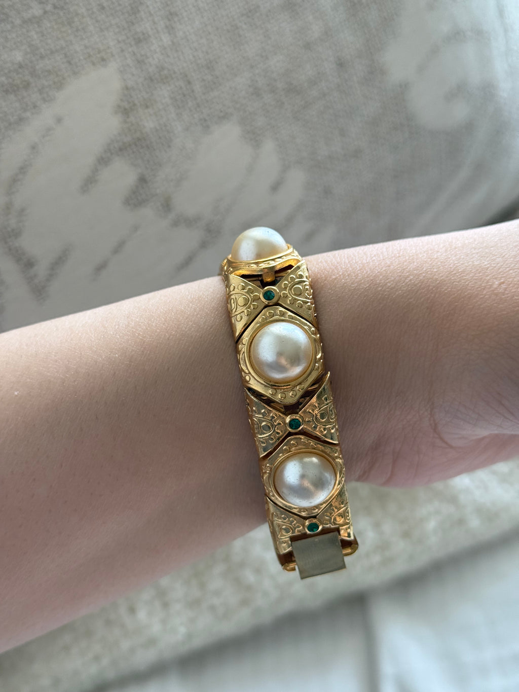 Elegant 1990s Bosse Delon 18k electro plated chunky bracelet vintage ladies watch with pearls and emerald green rhinestones