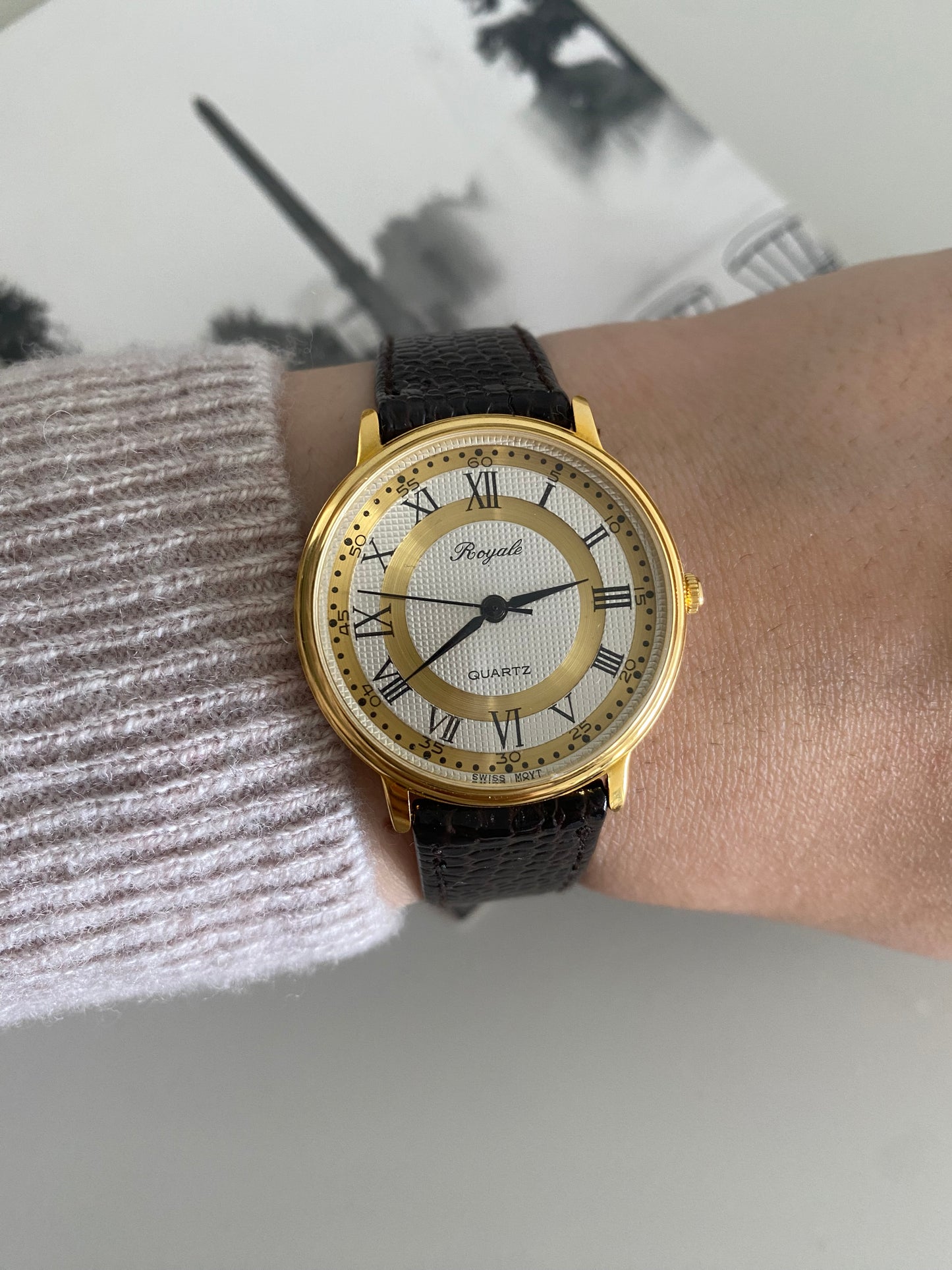 Vintage Gold tone Royale black leather watch