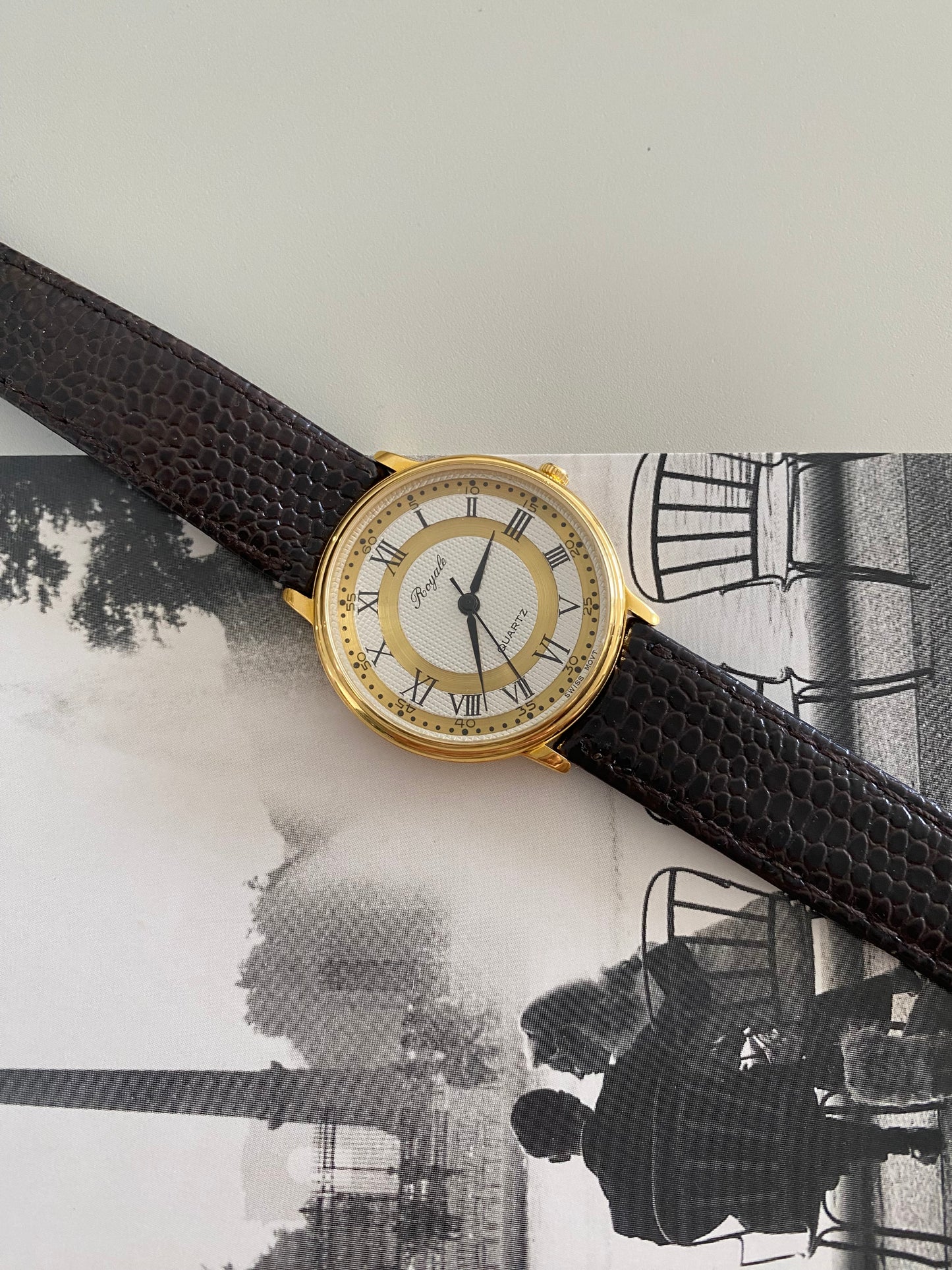 Vintage Gold tone Royale black leather watch