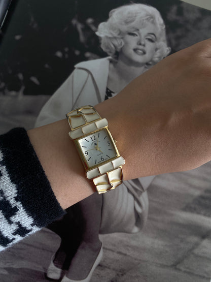 1990s Vintage Osirock Polo Bangle Style Nugget Gold Tone Ivory Enamel Watch