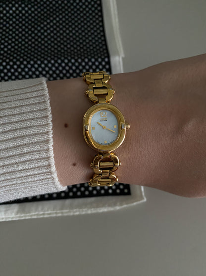 Vintage 1990s Citizen Eco-Drive Ladies Gold-Tone Watch with Mother of Pearl Dial