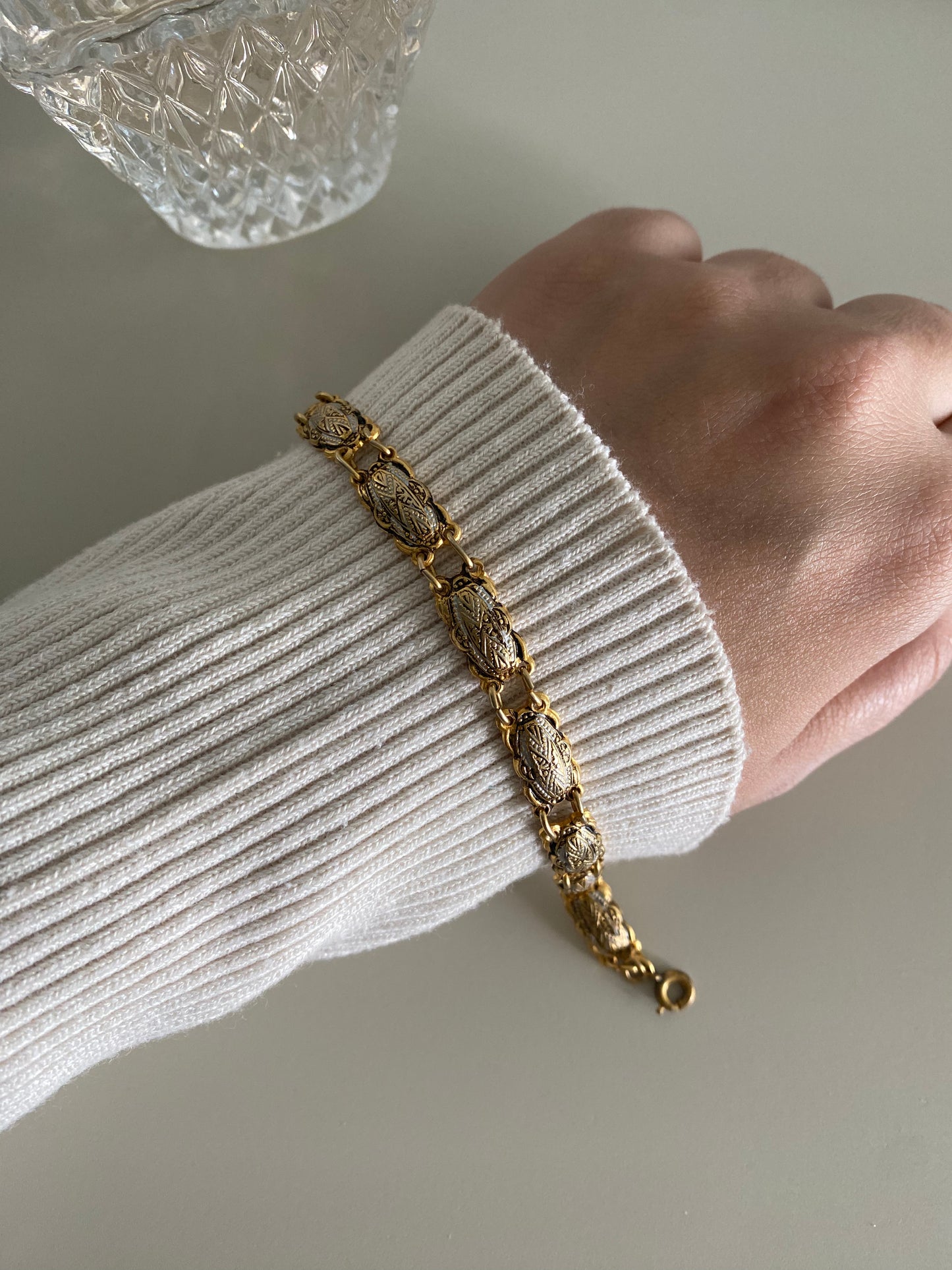 1980s Vintage Spanish Damascene Gold-Plated Bracelet with Silver Enamel Detail