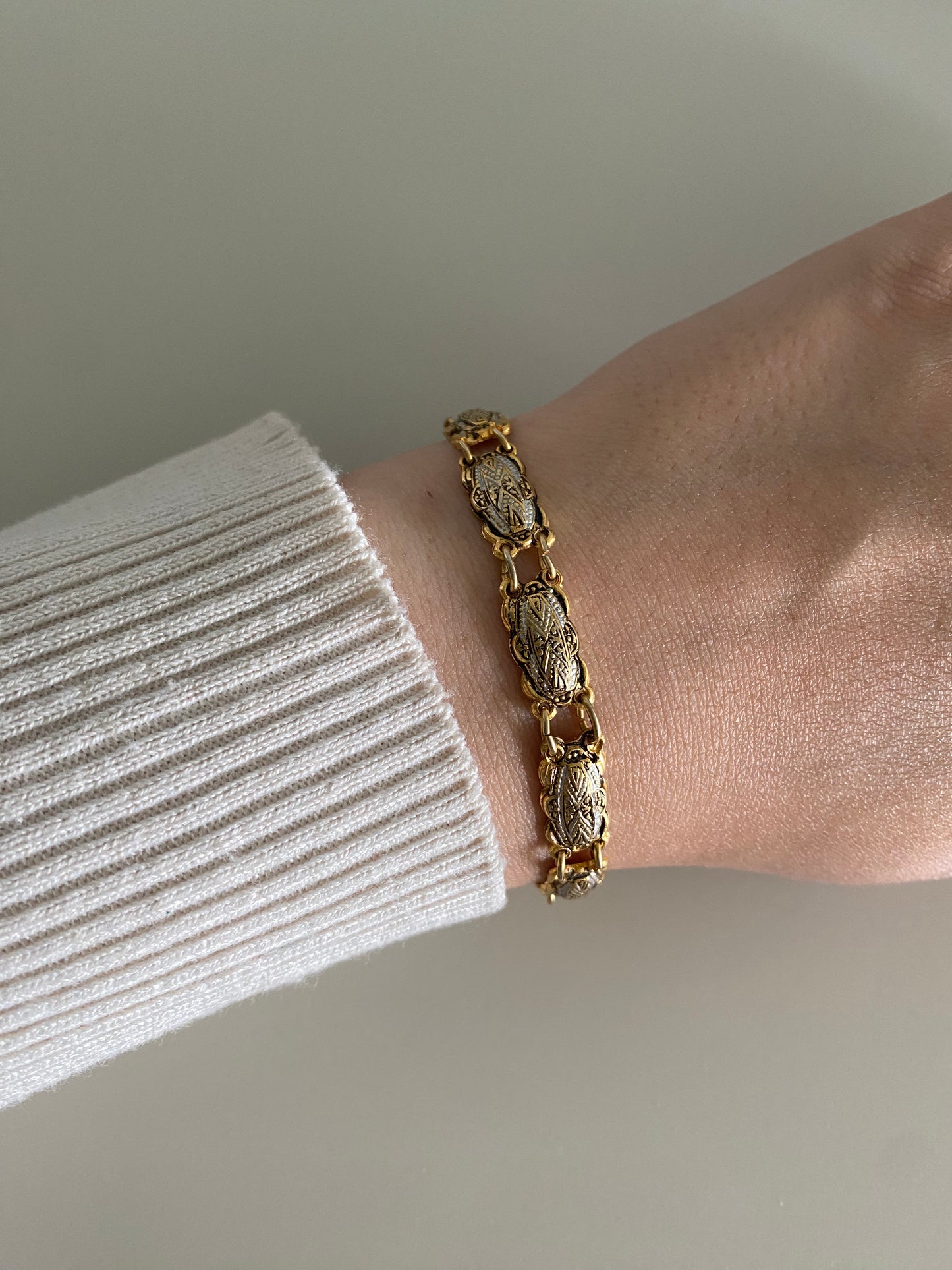 1980s Vintage Spanish Damascene Gold-Plated Bracelet with Silver Enamel Detail