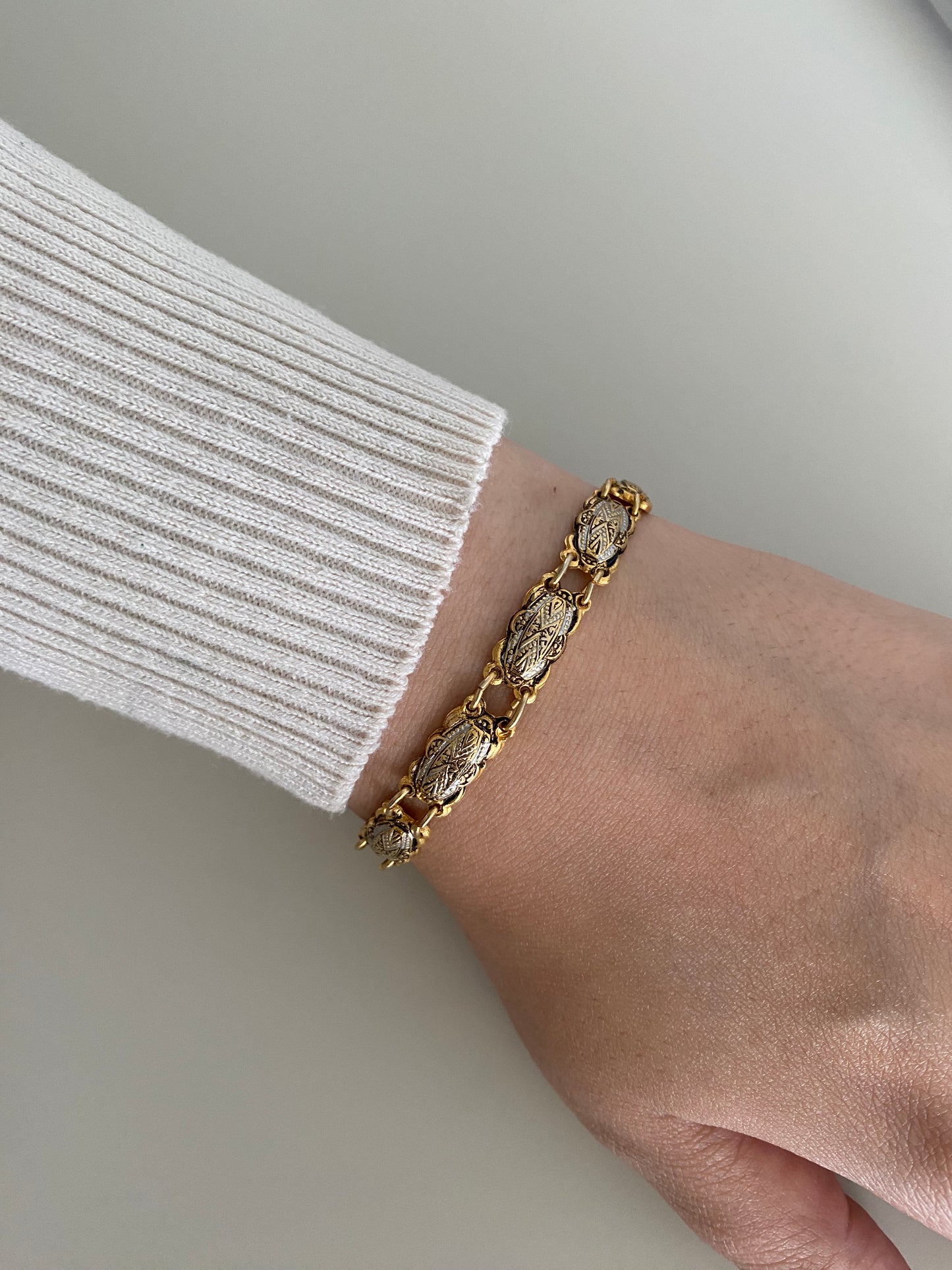 1980s Vintage Spanish Damascene Gold-Plated Bracelet with Silver Enamel Detail