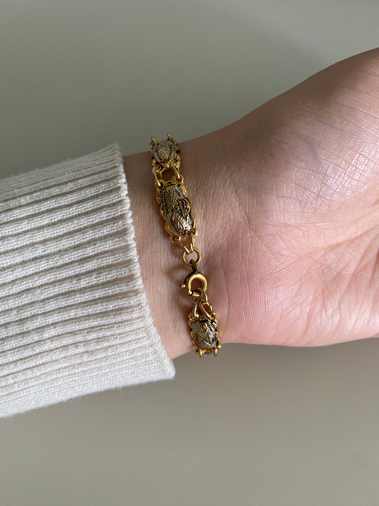 1980s Vintage Spanish Damascene Gold-Plated Bracelet with Silver Enamel Detail