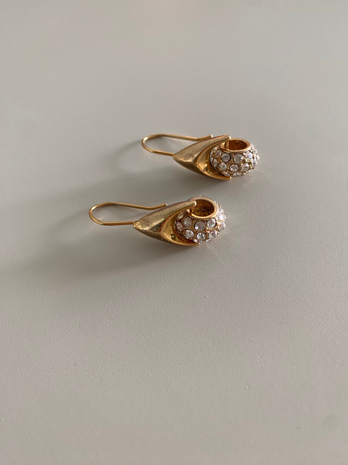 Sparkling Gold Tone Preloved Hook Earrings with White Crystal Cluster