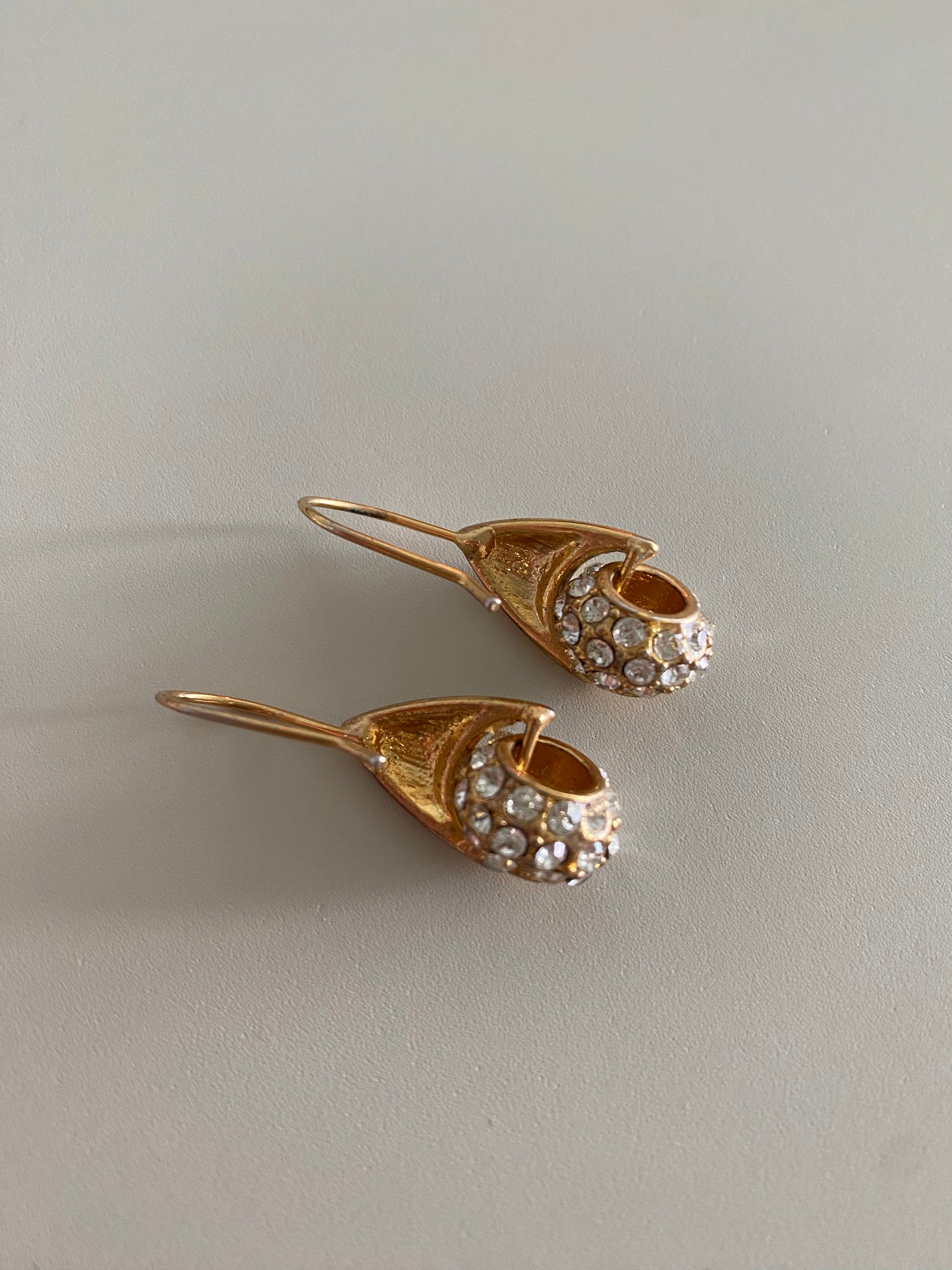 Sparkling Gold Tone Preloved Hook Earrings with White Crystal Cluster