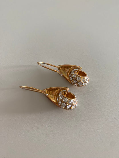 Sparkling Gold Tone Preloved Hook Earrings with White Crystal Cluster