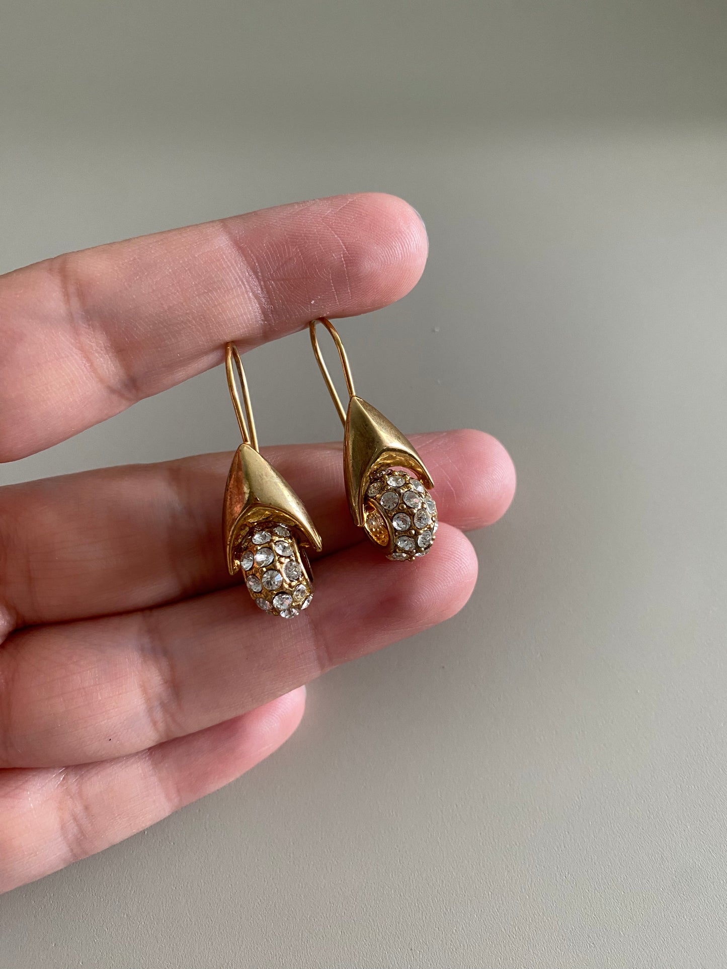 Sparkling Gold Tone Preloved Hook Earrings with White Crystal Cluster