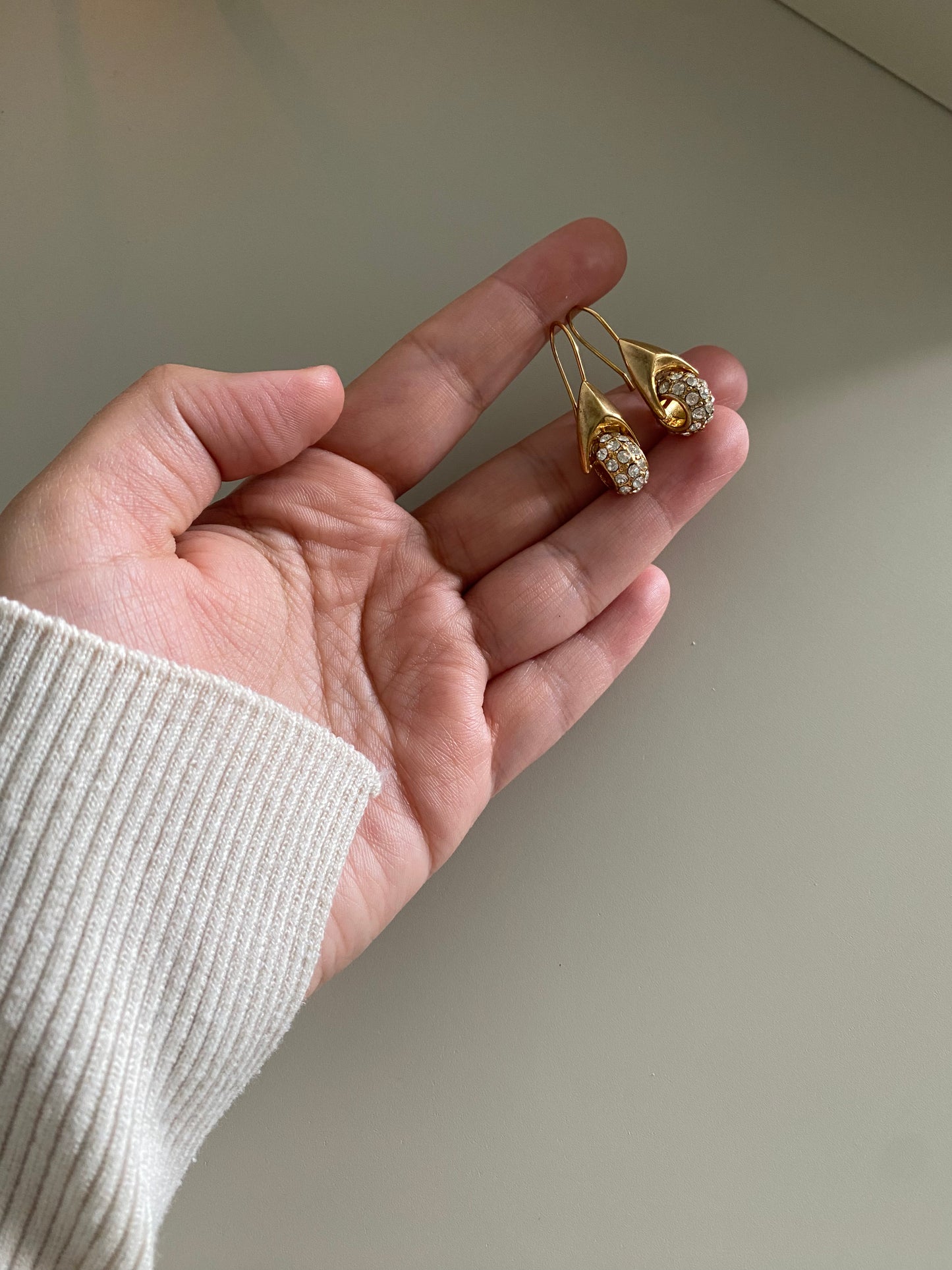 Sparkling Gold Tone Preloved Hook Earrings with White Crystal Cluster