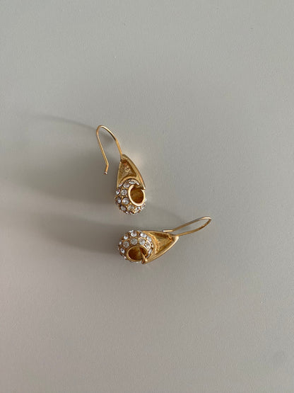 Sparkling Gold Tone Preloved Hook Earrings with White Crystal Cluster