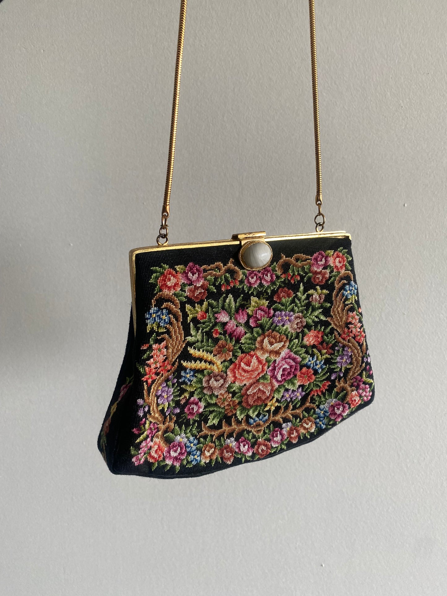 Vintage Petit Point Black Floral Needlepoint Purse - 1960s