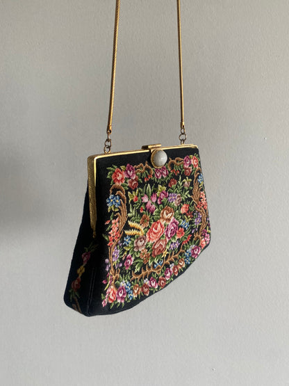 Vintage Petit Point Black Floral Needlepoint Purse - 1960s