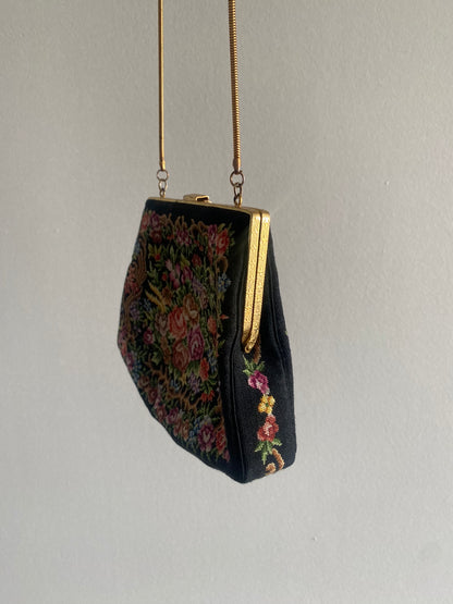 Vintage Petit Point Black Floral Needlepoint Purse - 1960s