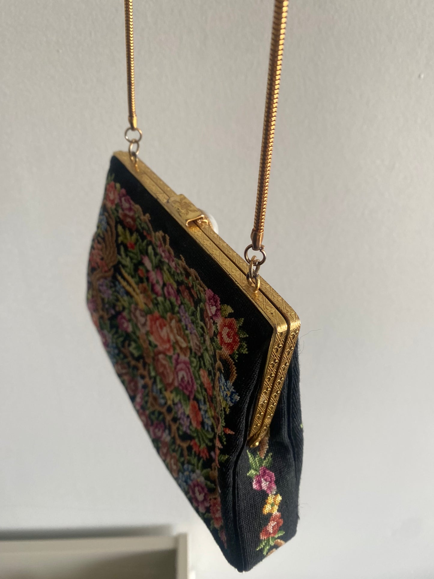 Vintage Petit Point Black Floral Needlepoint Purse - 1960s