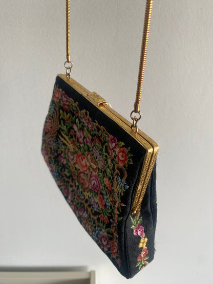 Vintage Petit Point Black Floral Needlepoint Purse - 1960s