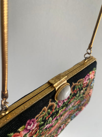 Vintage Petit Point Black Floral Needlepoint Purse - 1960s