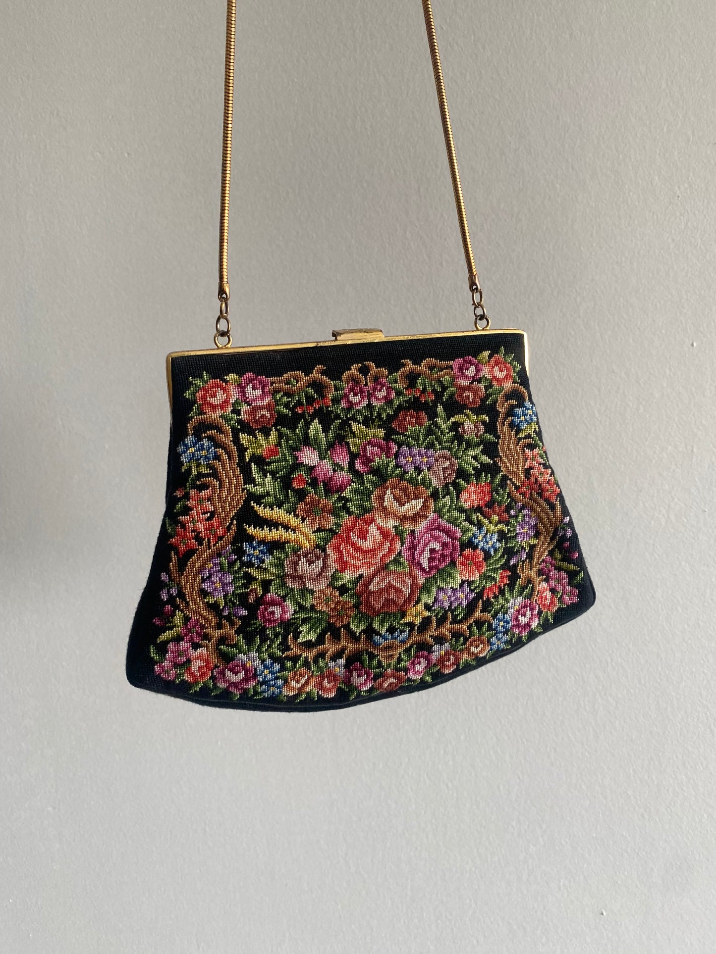 Vintage Petit Point Black Floral Needlepoint Purse - 1960s