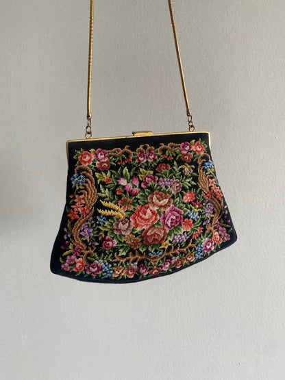 Vintage Petit Point Black Floral Needlepoint Purse - 1960s