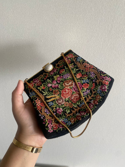 Vintage Petit Point Black Floral Needlepoint Purse - 1960s