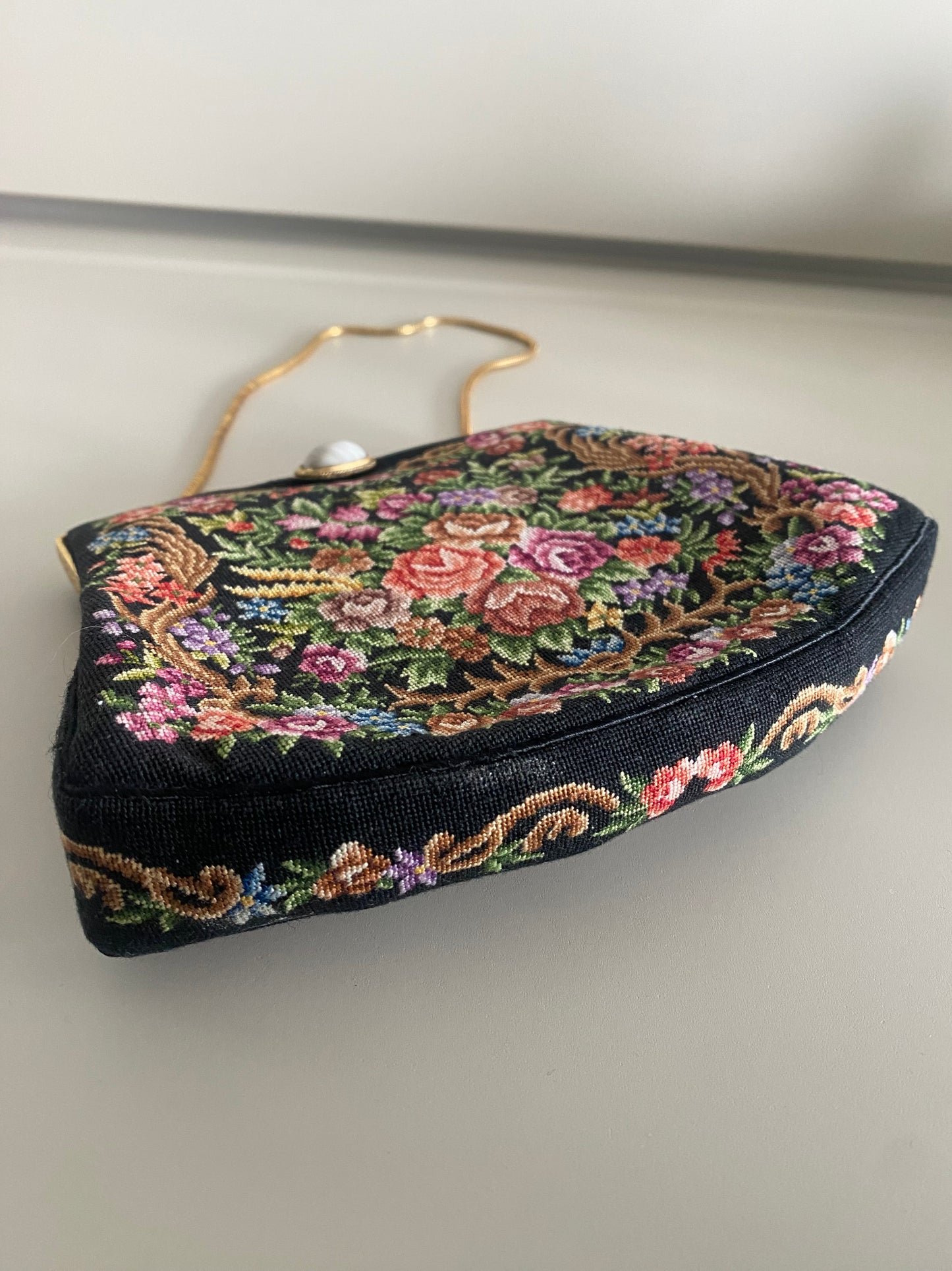 Vintage Petit Point Black Floral Needlepoint Purse - 1960s