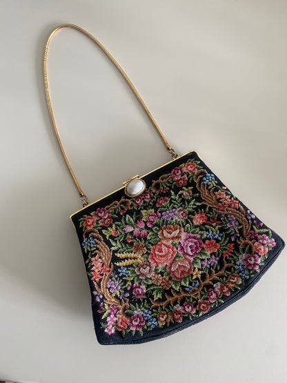 Vintage Petit Point Black Floral Needlepoint Purse - 1960s