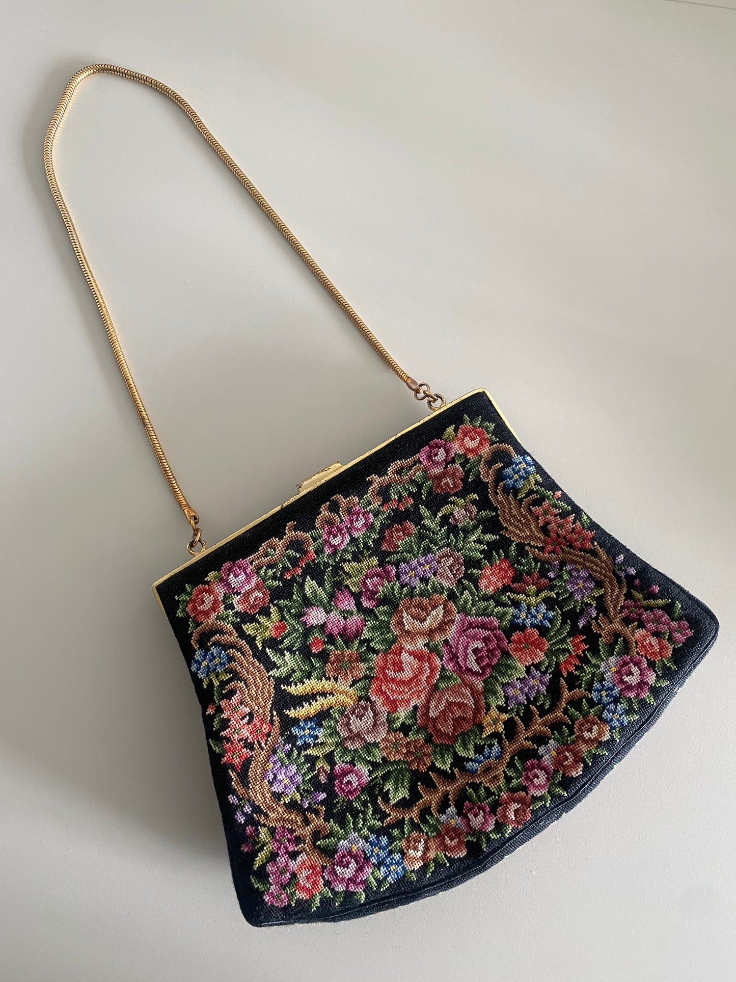 Vintage Petit Point Black Floral Needlepoint Purse - 1960s